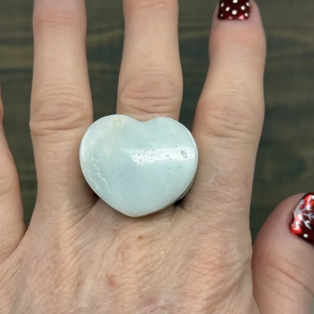 Chunky One Piece Green Amazonite Crystal Heart Polished Stone Ring Size 10.5